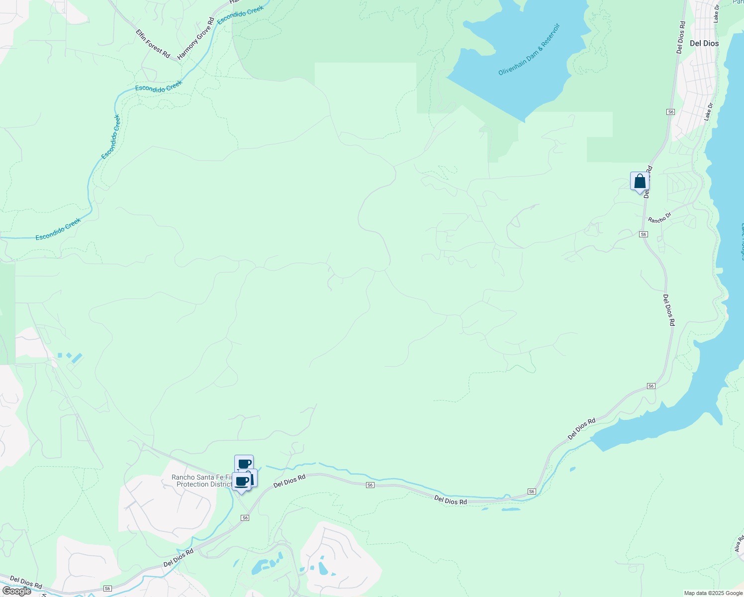map of restaurants, bars, coffee shops, grocery stores, and more near 18207 El Brazo in Rancho Santa Fe