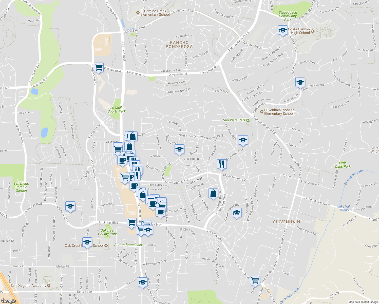 map of restaurants, bars, coffee shops, grocery stores, and more near 1655 Splitrail Drive in Encinitas