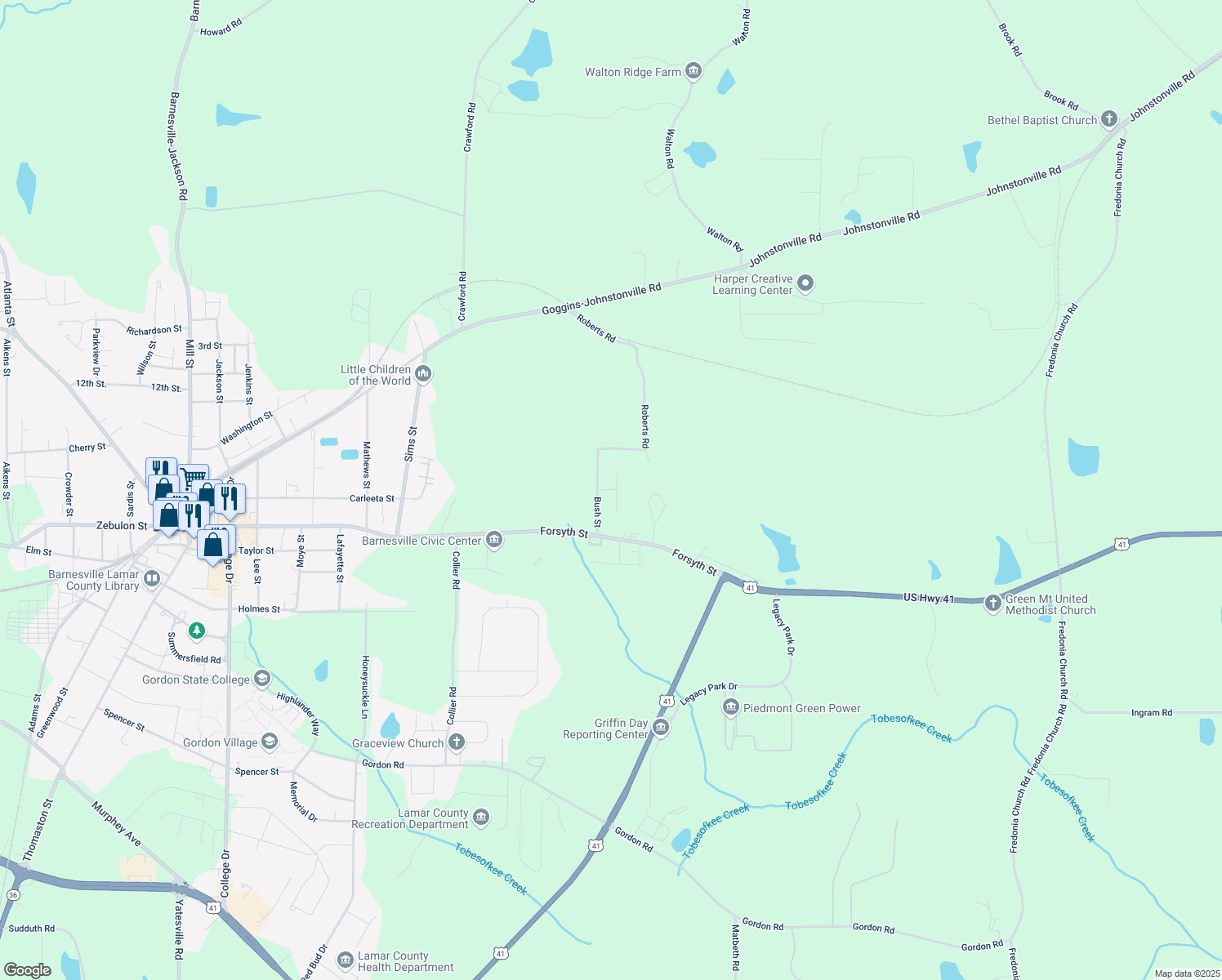 map of restaurants, bars, coffee shops, grocery stores, and more near 132 Park Pl in Barnesville