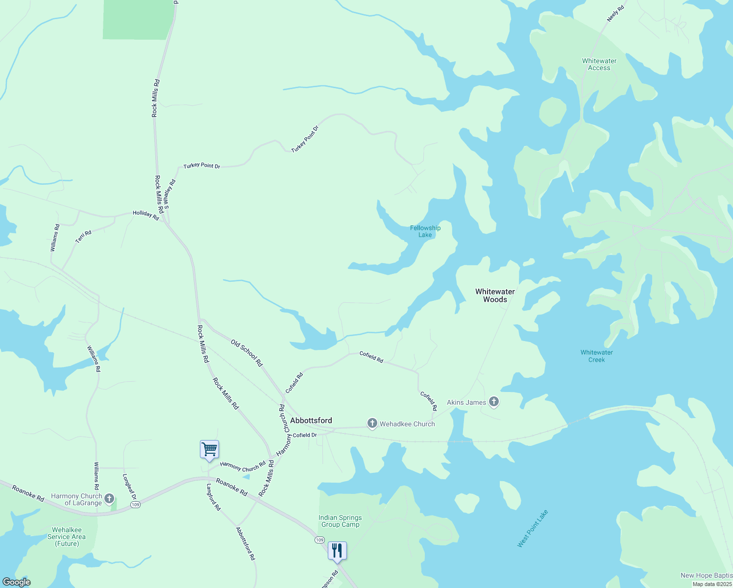 map of restaurants, bars, coffee shops, grocery stores, and more near 105 Holbrook Drive in LaGrange