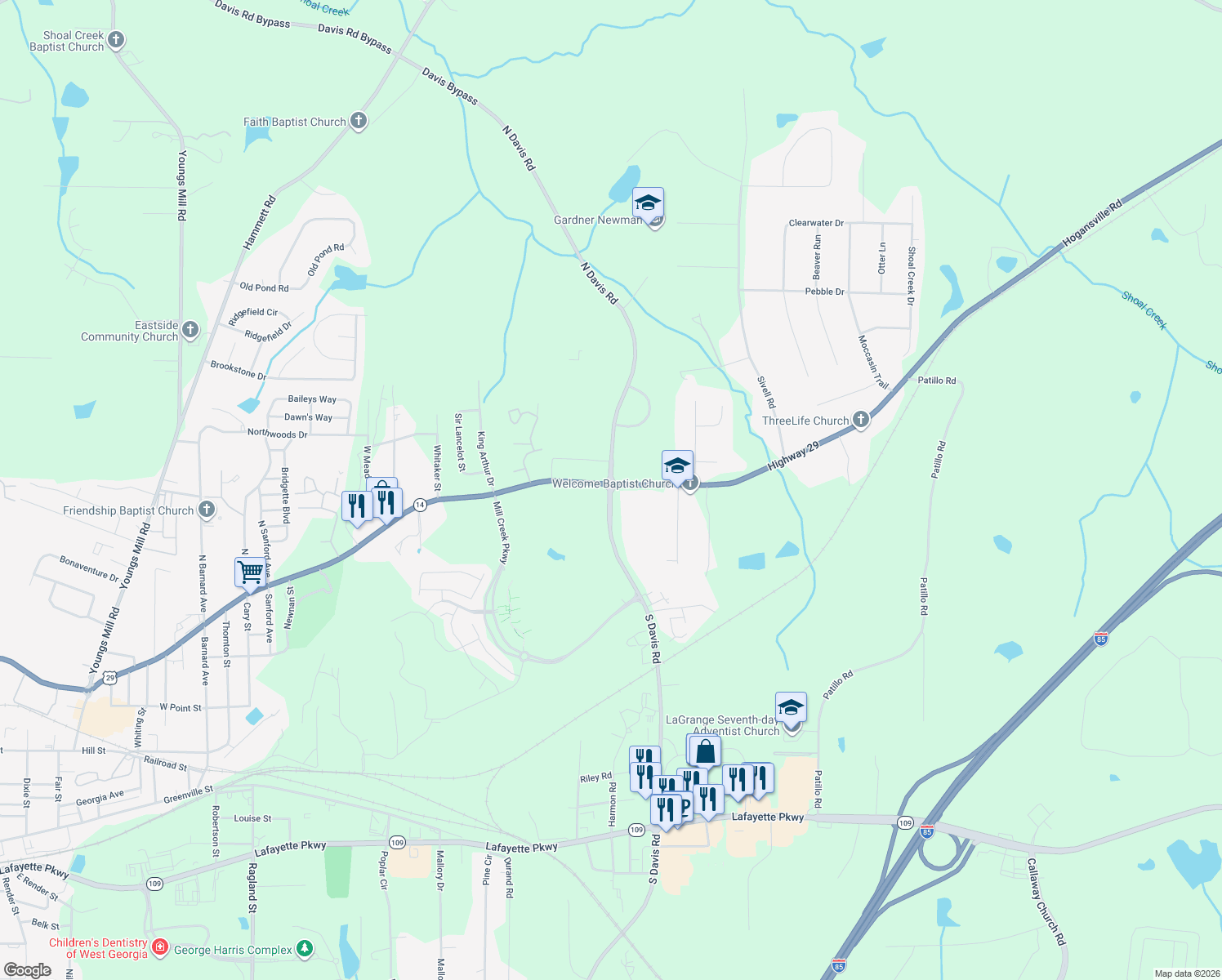 map of restaurants, bars, coffee shops, grocery stores, and more near 185 South Davis Road in LaGrange