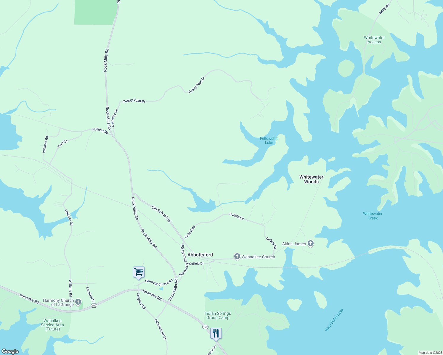 map of restaurants, bars, coffee shops, grocery stores, and more near 105 Holbrook Drive in LaGrange