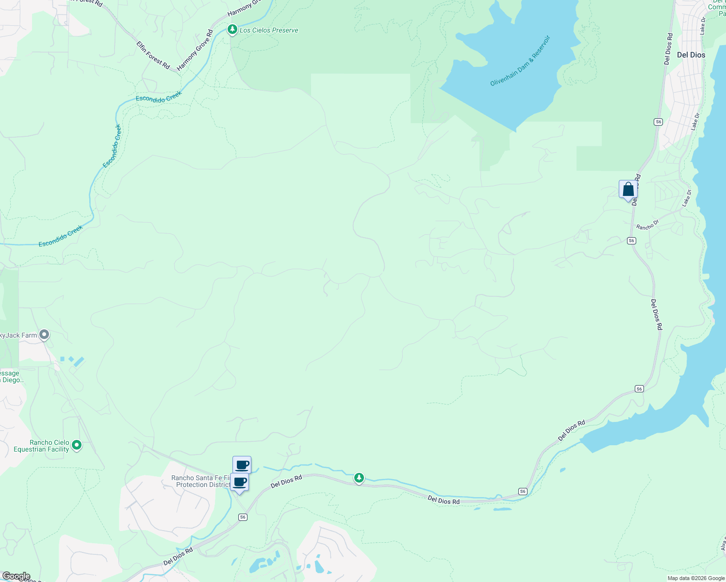 map of restaurants, bars, coffee shops, grocery stores, and more near 18207 El Brazo in Rancho Santa Fe