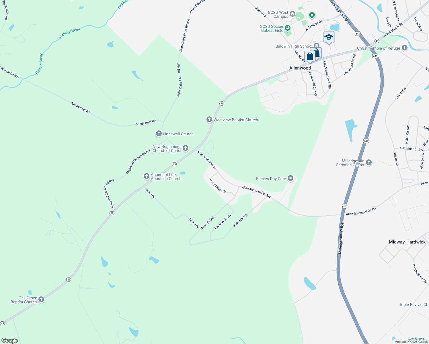 map of restaurants, bars, coffee shops, grocery stores, and more near 127 Allen Memorial Drive in Milledgeville