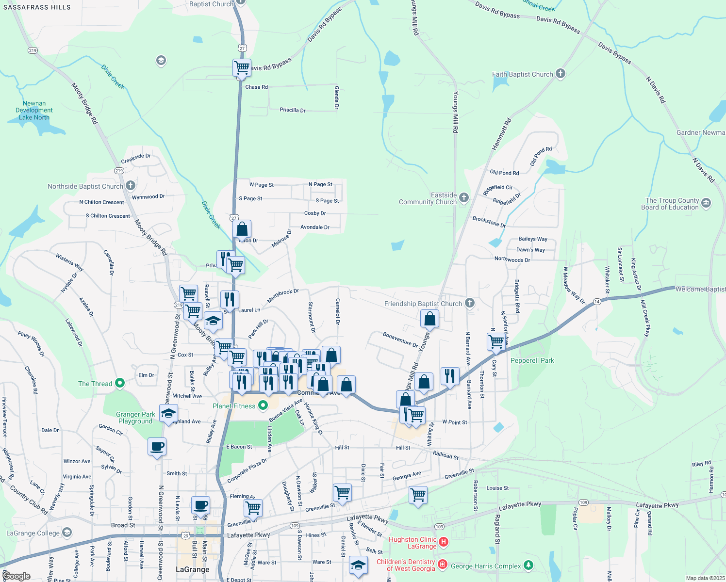 map of restaurants, bars, coffee shops, grocery stores, and more near 415 Woodland Drive in LaGrange