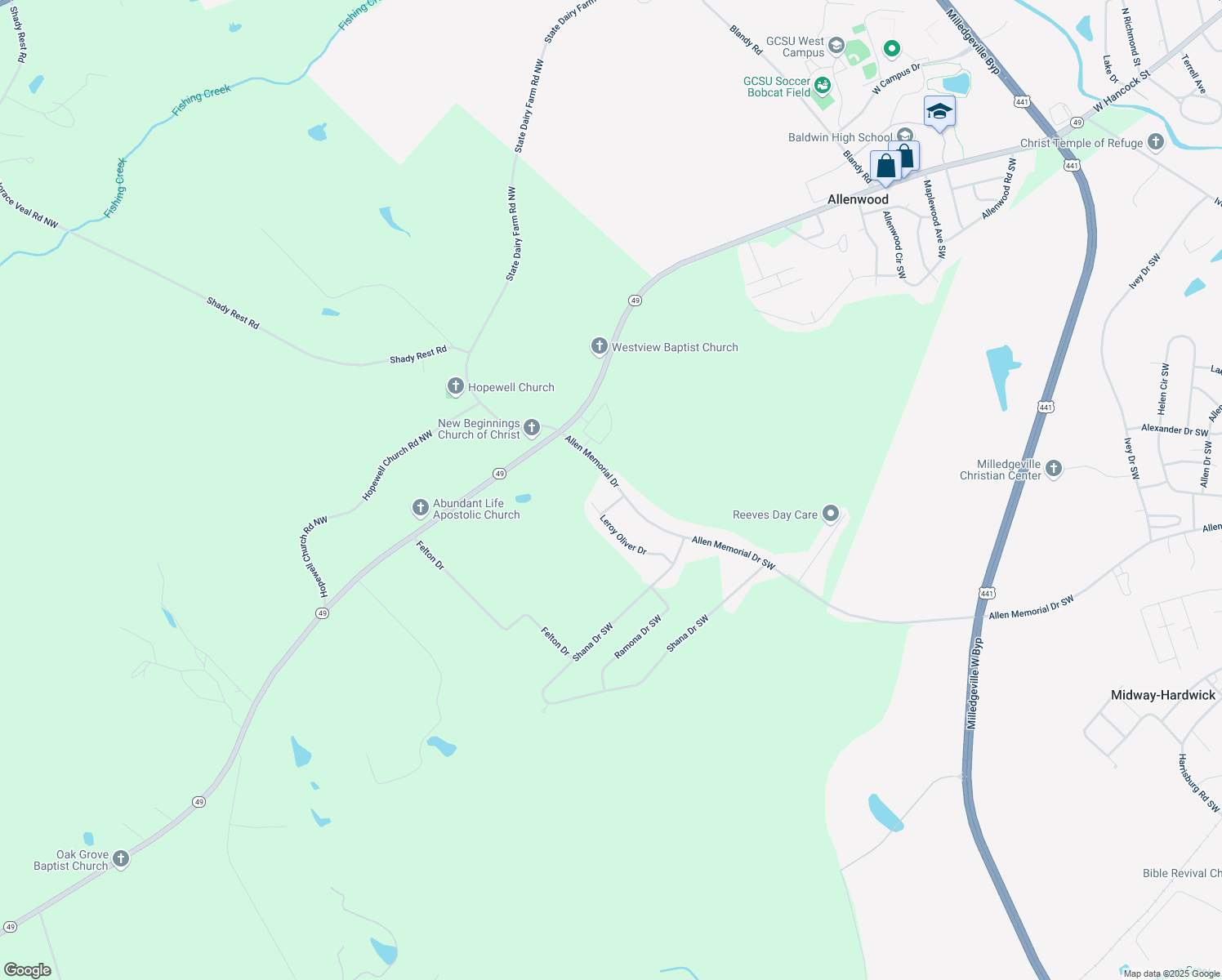 map of restaurants, bars, coffee shops, grocery stores, and more near 127 Allen Memorial Drive in Milledgeville