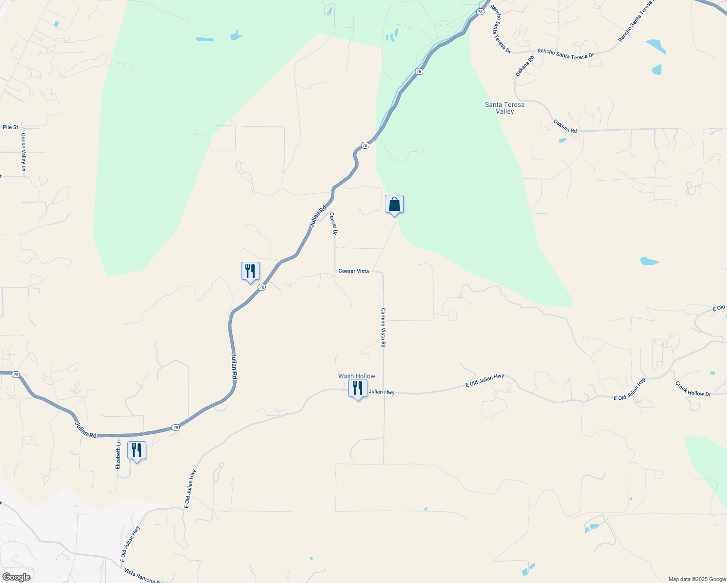 map of restaurants, bars, coffee shops, grocery stores, and more near 19252 Camino Vista Road in Ramona