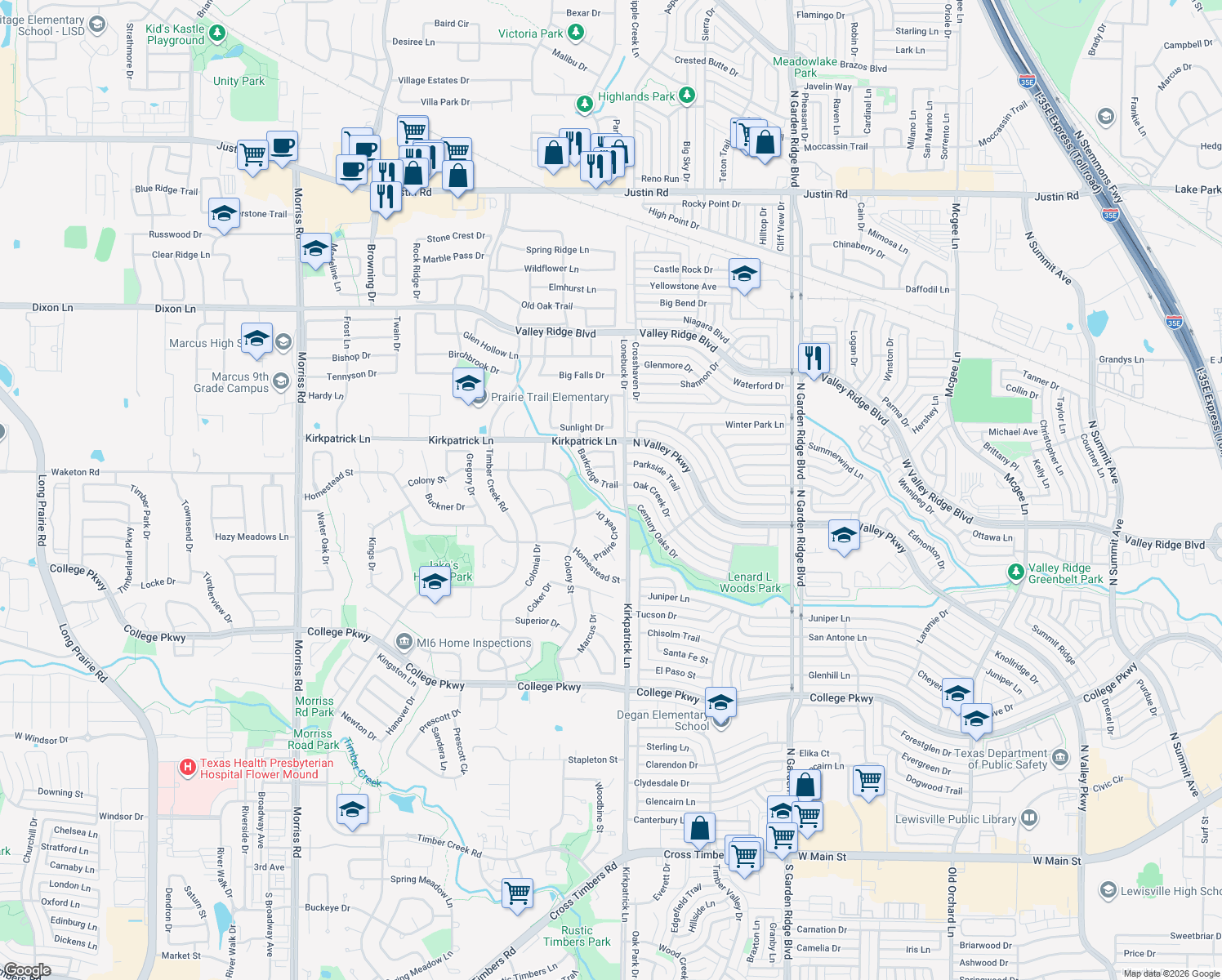map of restaurants, bars, coffee shops, grocery stores, and more near 5301 Barkridge Trail in Flower Mound