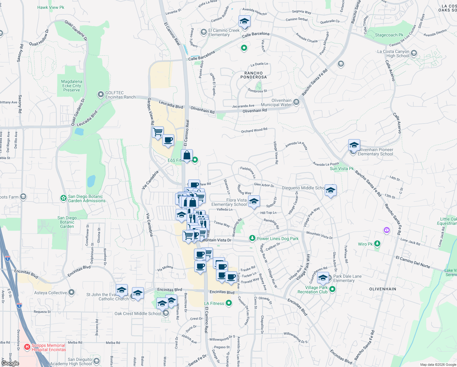map of restaurants, bars, coffee shops, grocery stores, and more near 642 Shanas Lane in Encinitas