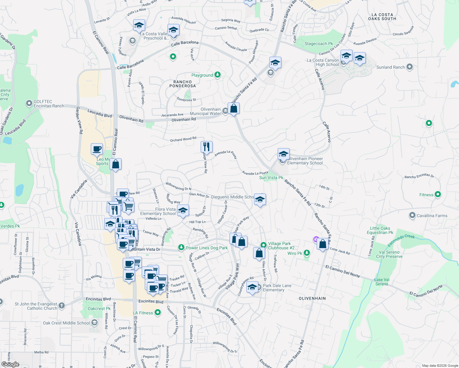 map of restaurants, bars, coffee shops, grocery stores, and more near 2414 Summerhill Drive in Encinitas