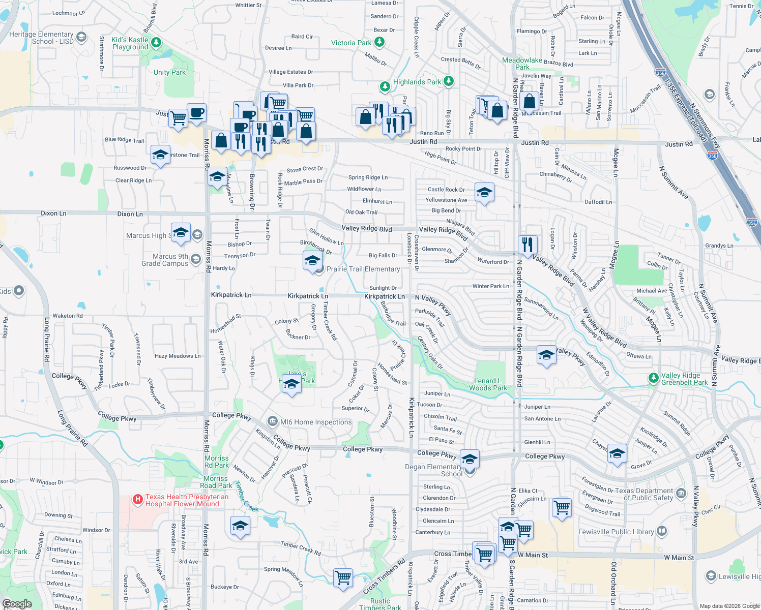 map of restaurants, bars, coffee shops, grocery stores, and more near 5429 Barkridge Trail in Flower Mound