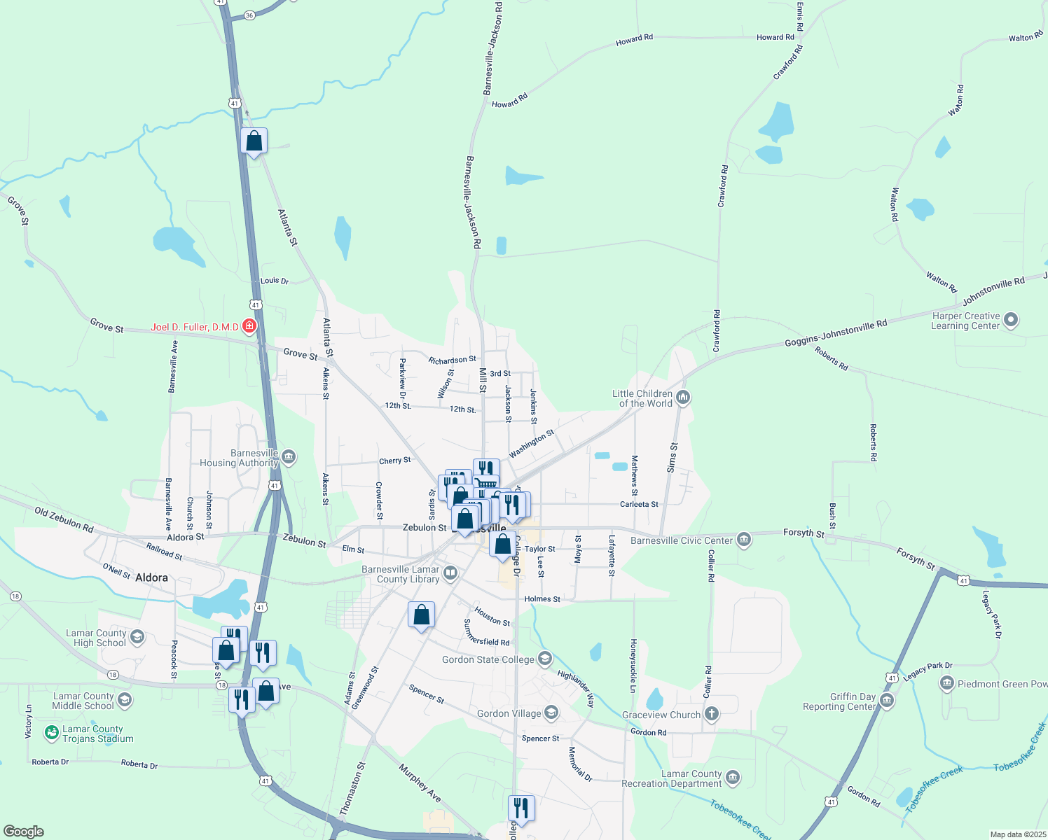 map of restaurants, bars, coffee shops, grocery stores, and more near 107 1st Street in Barnesville