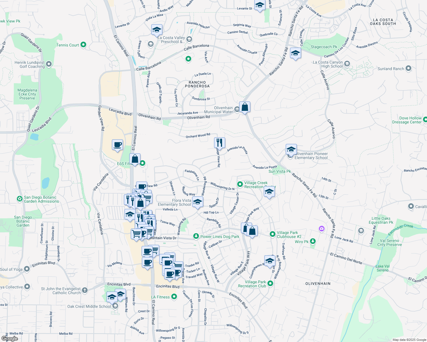 map of restaurants, bars, coffee shops, grocery stores, and more near 1433 Village View Rd in Encinitas