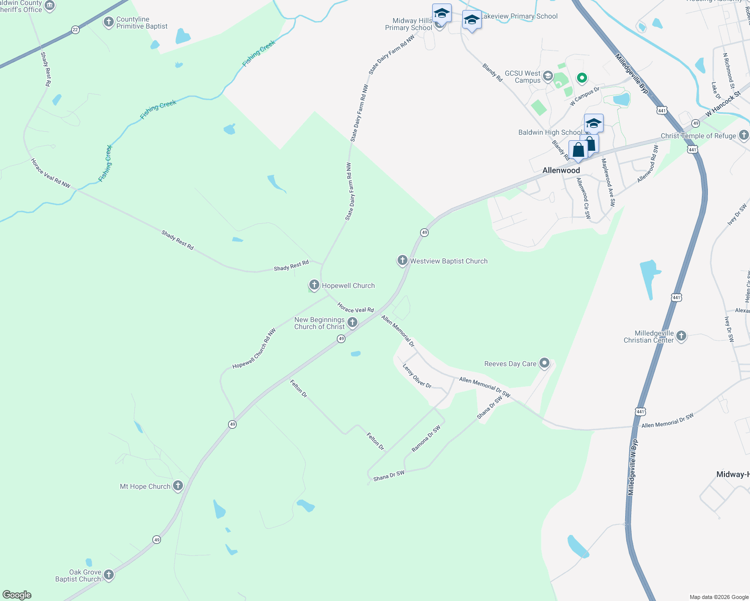 map of restaurants, bars, coffee shops, grocery stores, and more near 197 Georgia 49 in Milledgeville