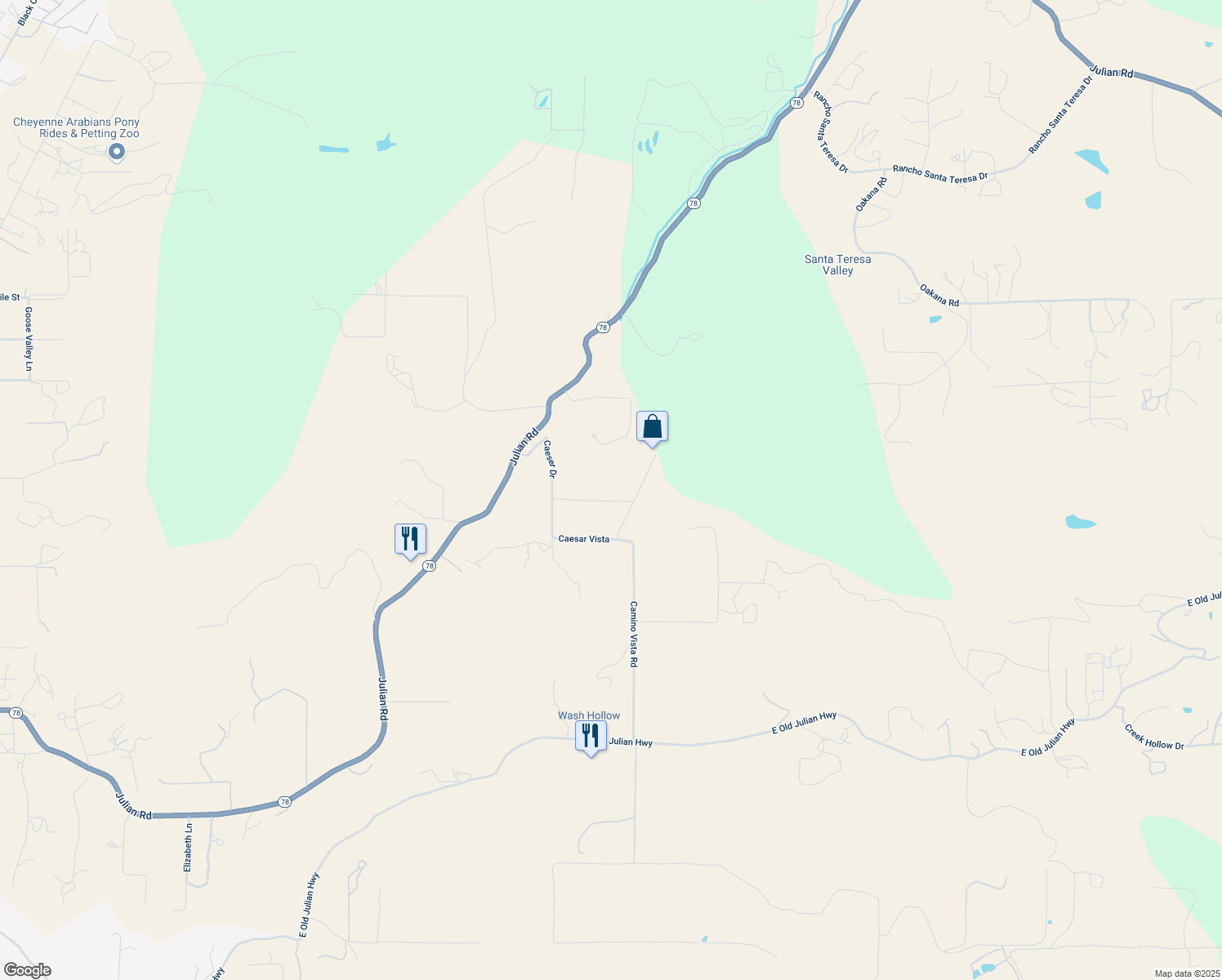 map of restaurants, bars, coffee shops, grocery stores, and more near 19252 Camino Vista Road in Ramona