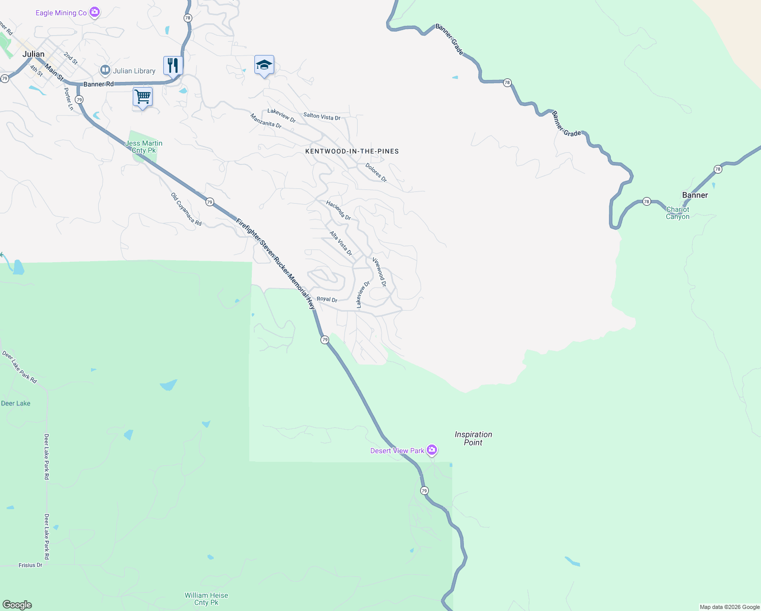 map of restaurants, bars, coffee shops, grocery stores, and more near Hawthorne Drive in Julian