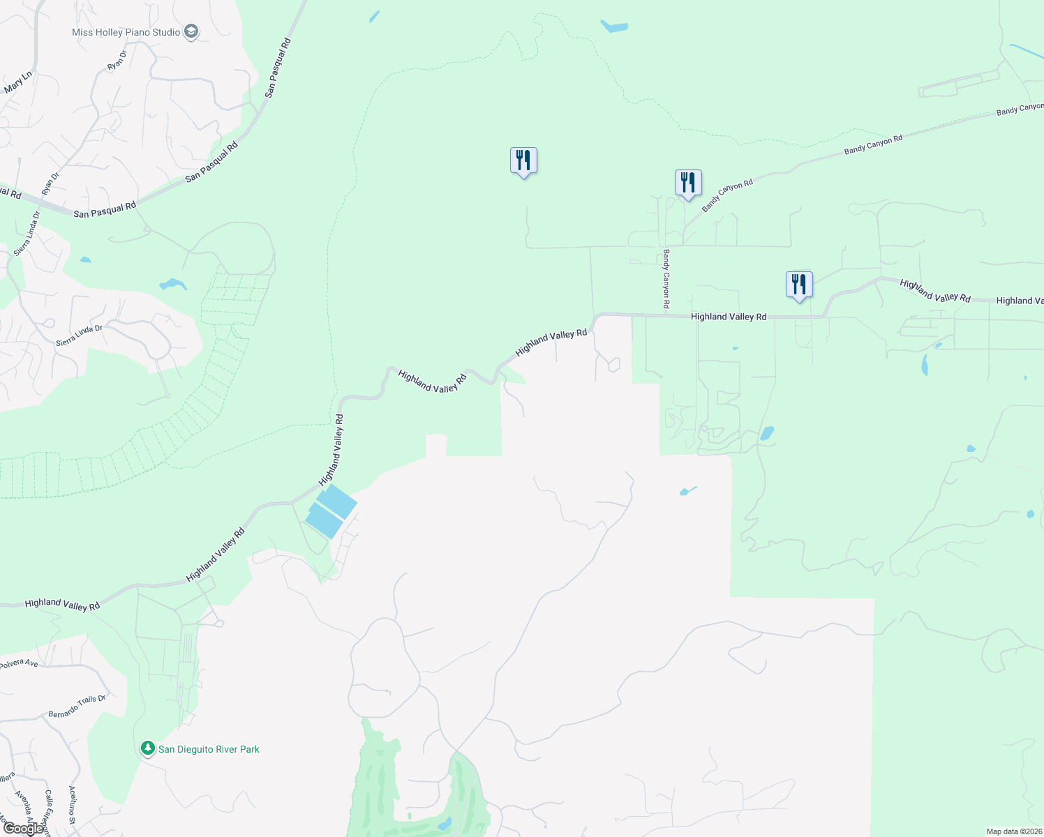 map of restaurants, bars, coffee shops, grocery stores, and more near 14821 Highland Valley Road in Escondido