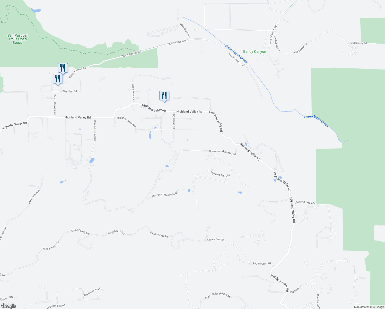 map of restaurants, bars, coffee shops, grocery stores, and more near 18863 Starvation Mountain Road in Escondido
