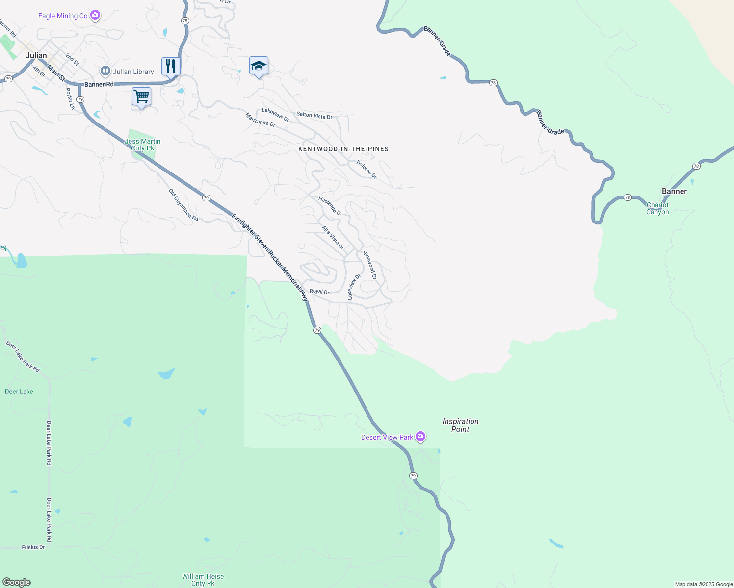map of restaurants, bars, coffee shops, grocery stores, and more near Hawthorne Drive in Julian