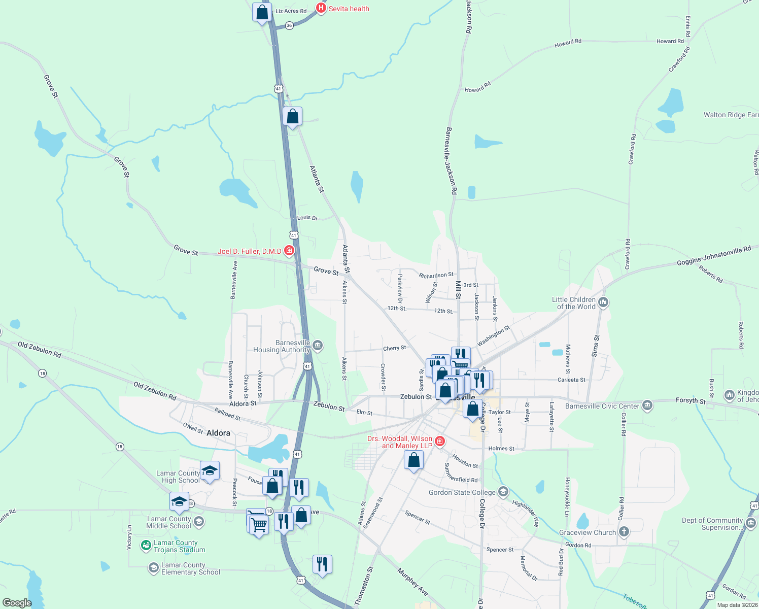map of restaurants, bars, coffee shops, grocery stores, and more near 375 Atlanta Street in Barnesville