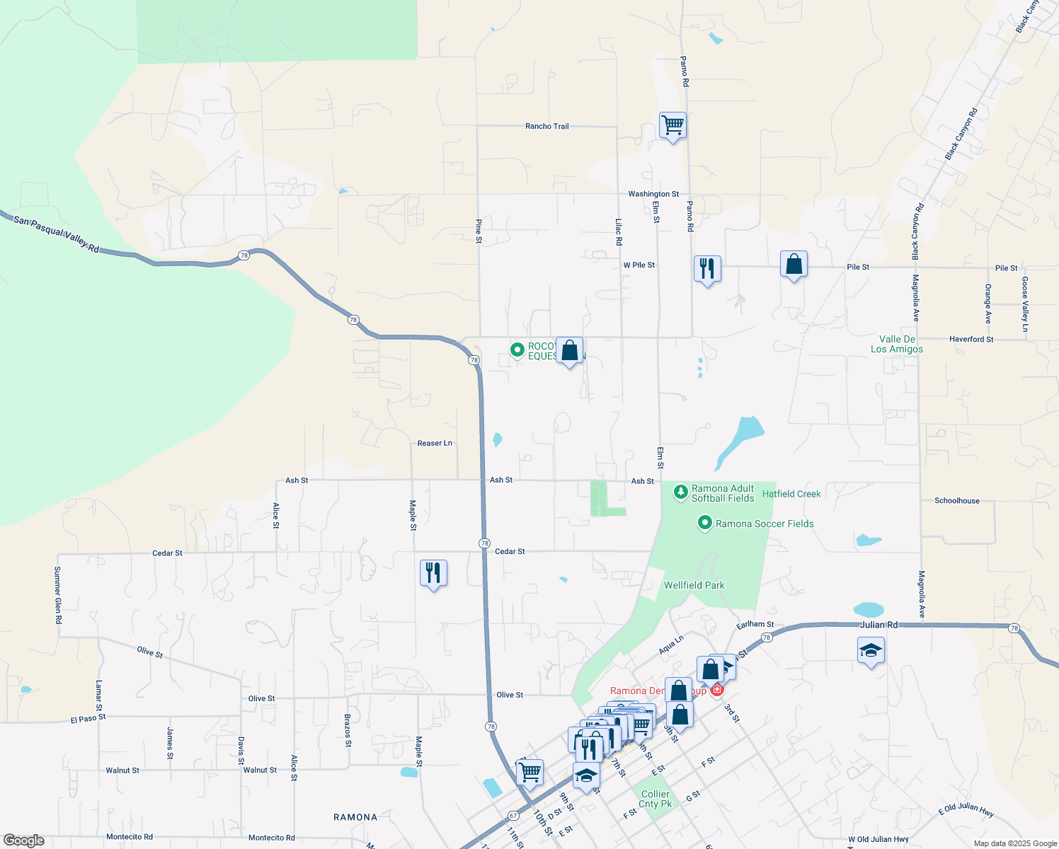 map of restaurants, bars, coffee shops, grocery stores, and more near 1225 Harper Road in Ramona