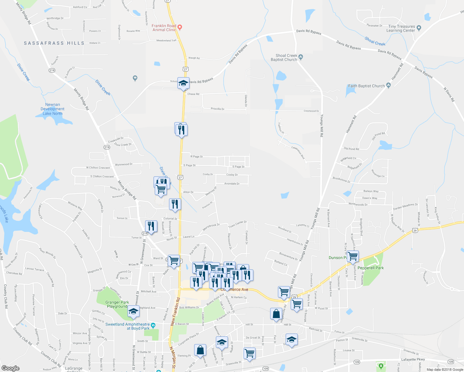 map of restaurants, bars, coffee shops, grocery stores, and more near 212 Avondale Drive in LaGrange