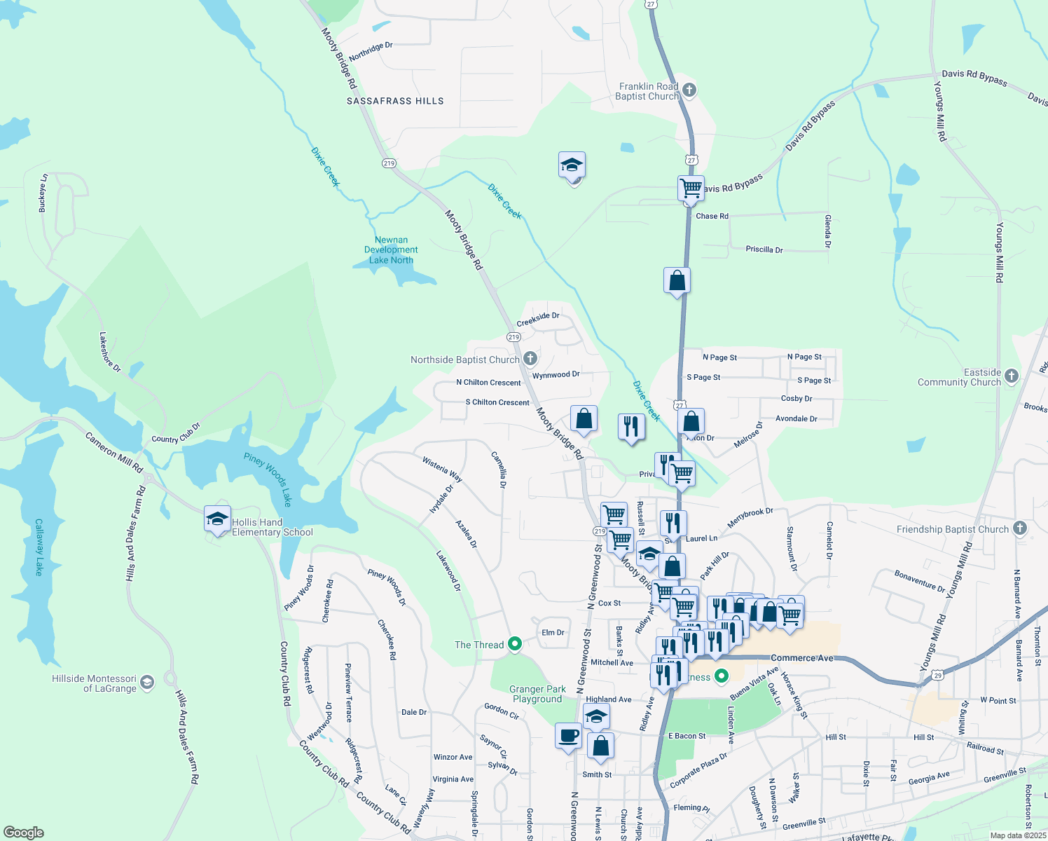 map of restaurants, bars, coffee shops, grocery stores, and more near 930 Malibu Drive in LaGrange