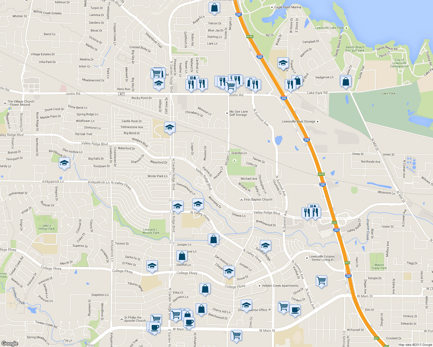 map of restaurants, bars, coffee shops, grocery stores, and more near 1212 Hershey Lane in Lewisville