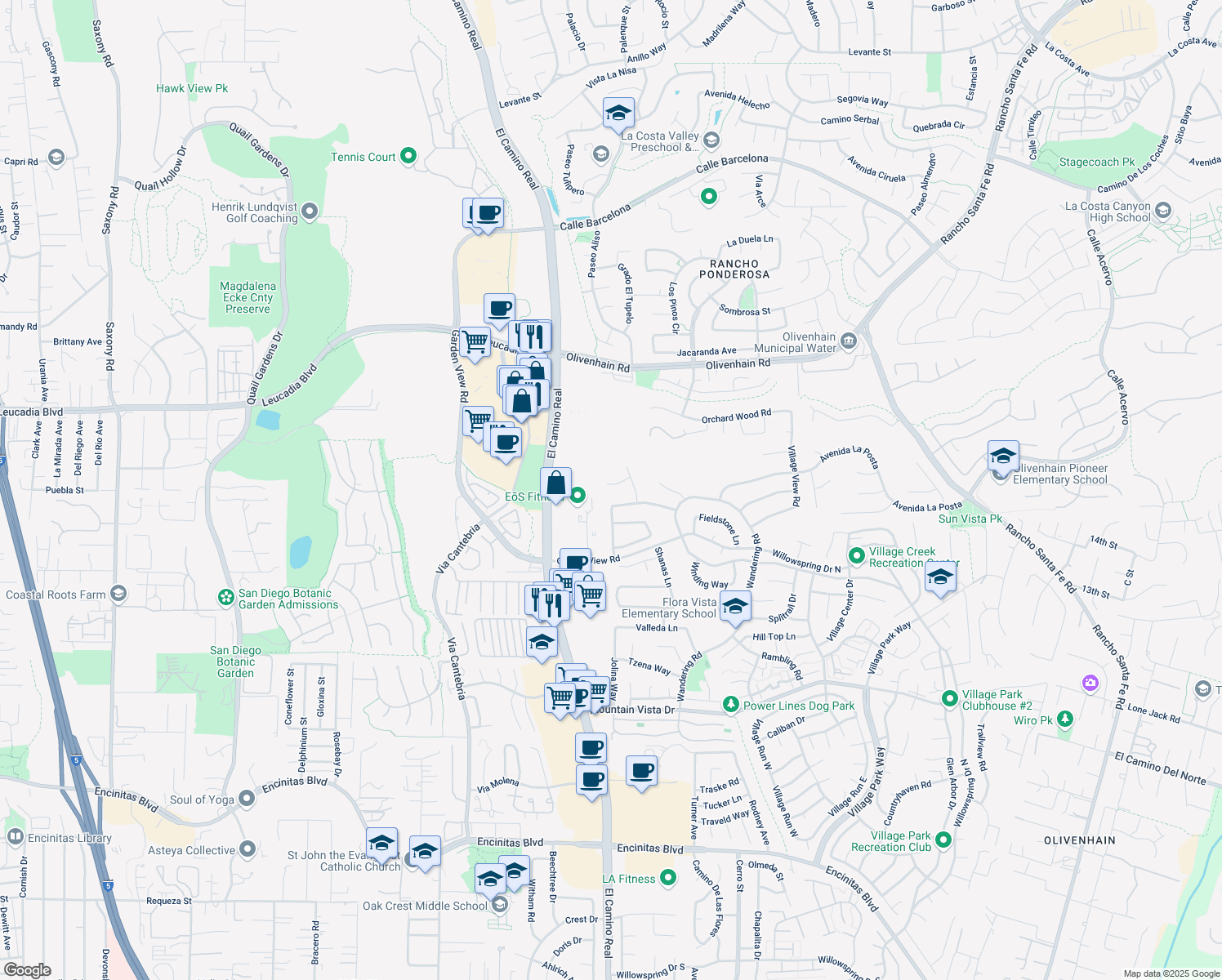 map of restaurants, bars, coffee shops, grocery stores, and more near 1611 Scott Pl in Encinitas