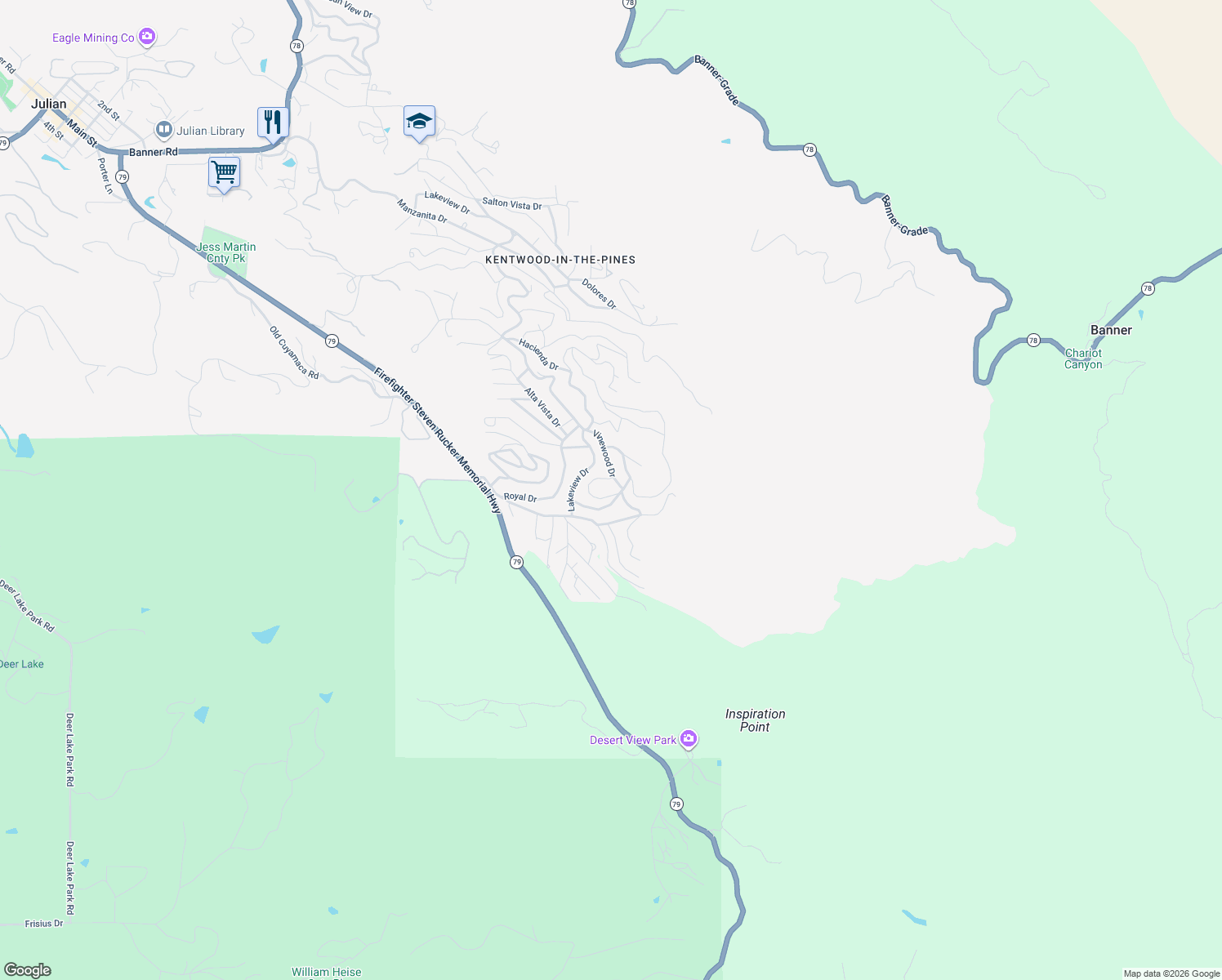 map of restaurants, bars, coffee shops, grocery stores, and more near 3691 Circle Drive in Julian