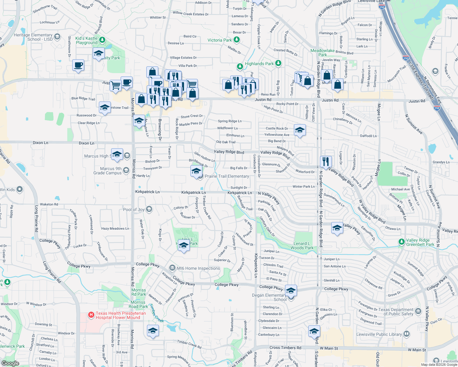 map of restaurants, bars, coffee shops, grocery stores, and more near 5608 Suncreek Path in Flower Mound
