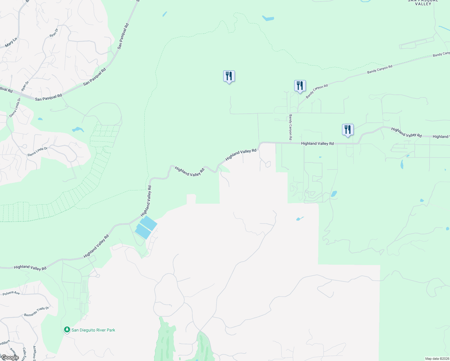 map of restaurants, bars, coffee shops, grocery stores, and more near 14821 Highland Valley Road in Escondido