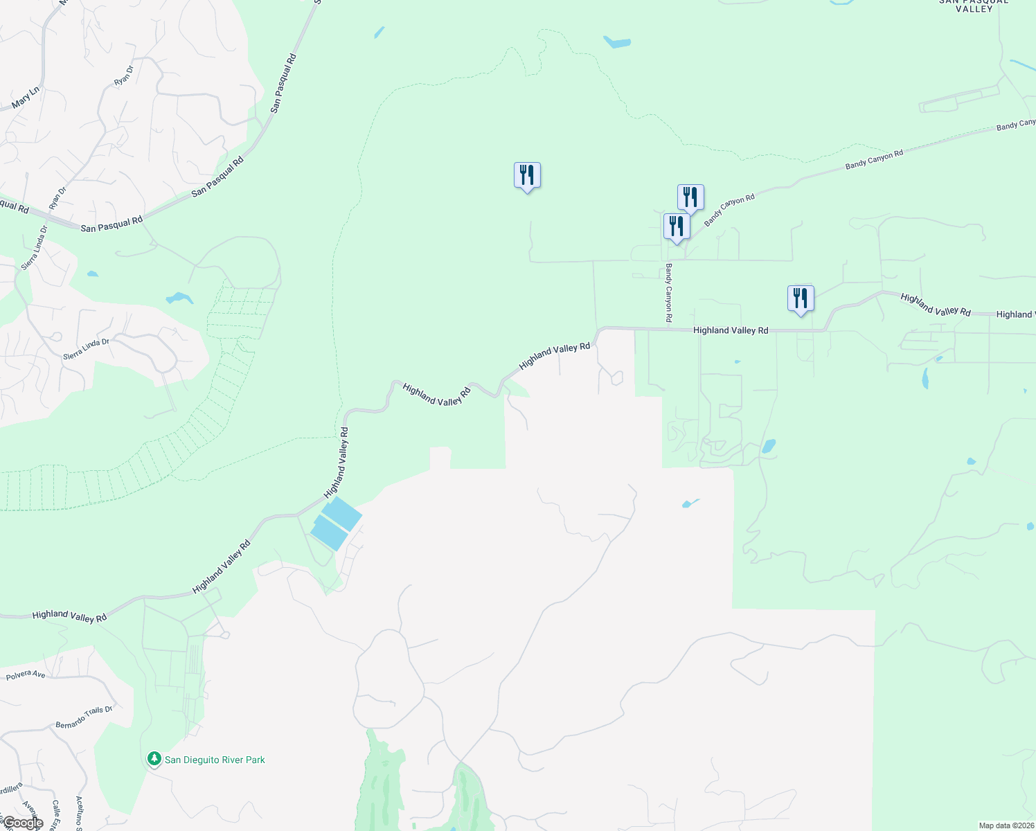 map of restaurants, bars, coffee shops, grocery stores, and more near 14821 Highland Valley Road in Escondido