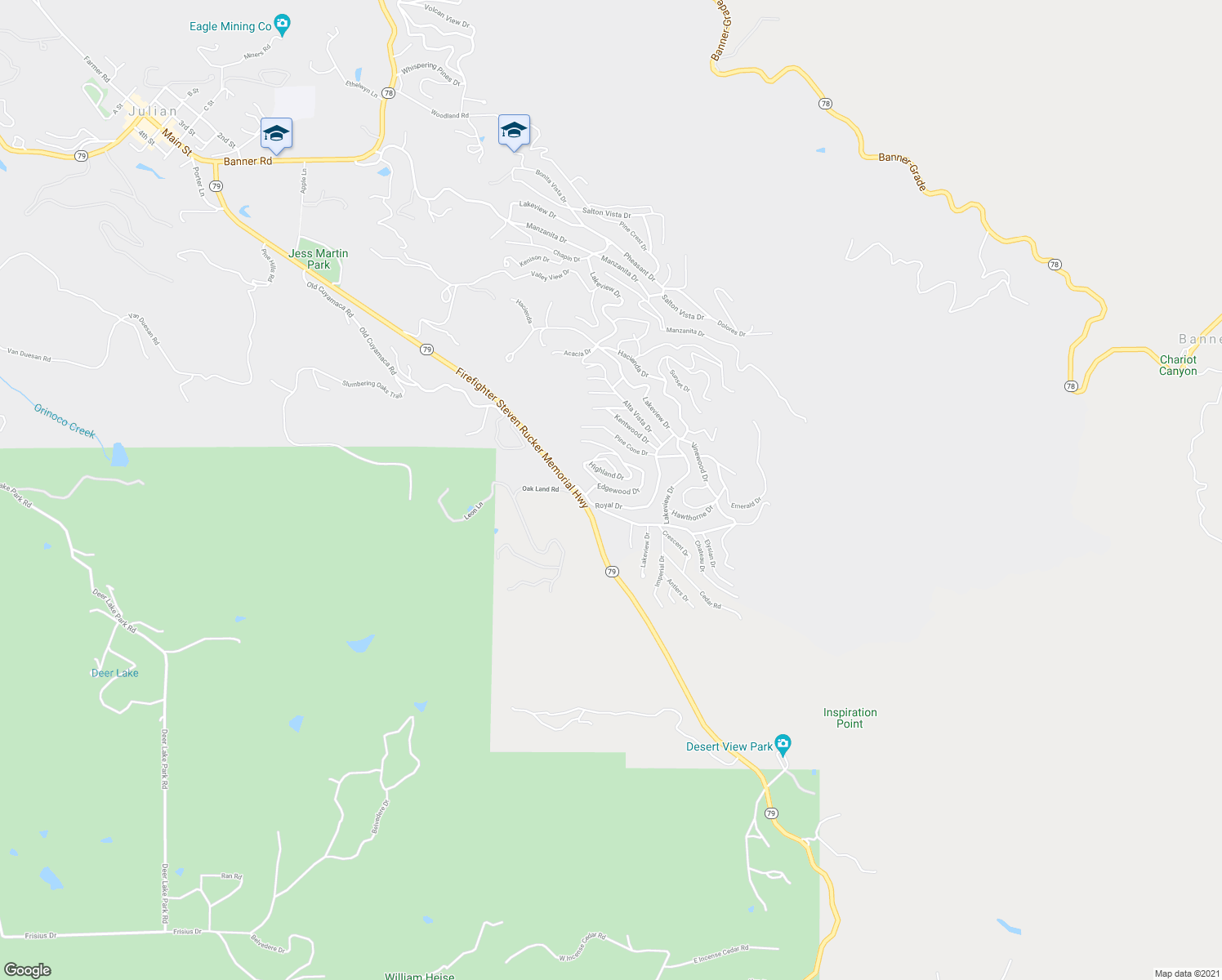 map of restaurants, bars, coffee shops, grocery stores, and more near Edgewood Drive in Julian