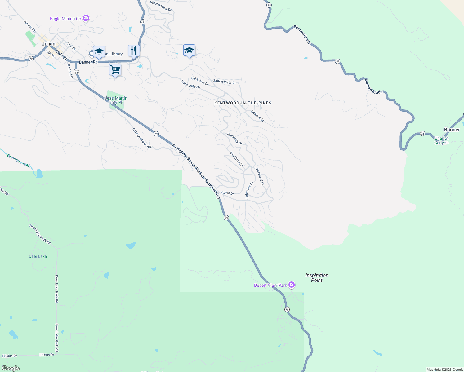 map of restaurants, bars, coffee shops, grocery stores, and more near 3714 Royal Drive in Julian