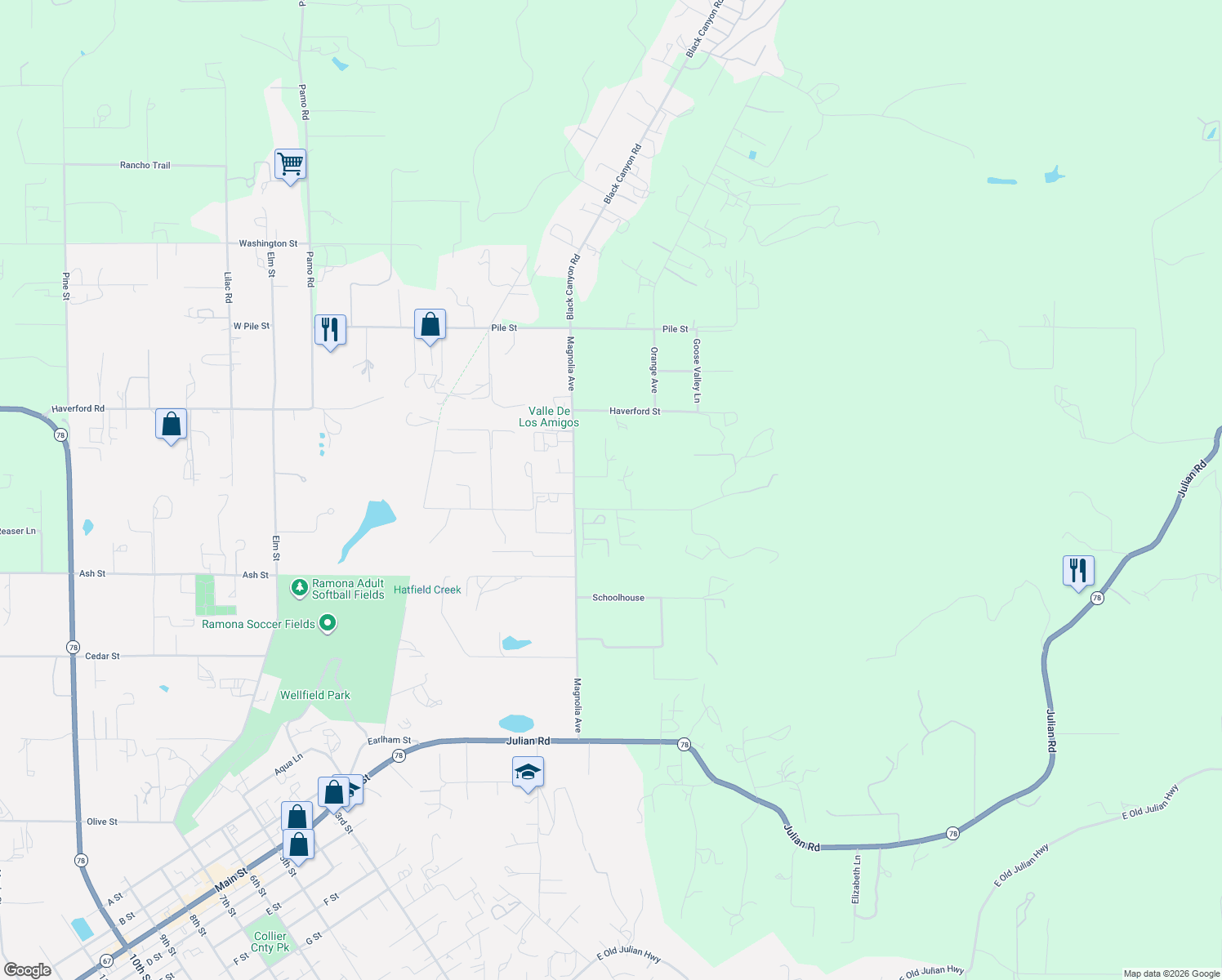 map of restaurants, bars, coffee shops, grocery stores, and more near 820 Santa Fe Highlands Drive in Ramona