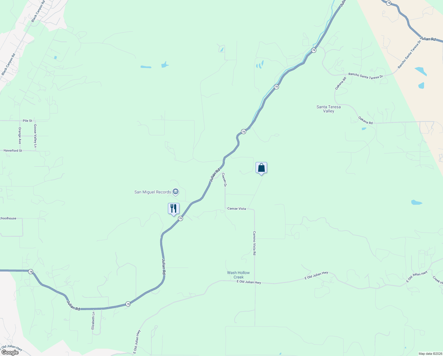 map of restaurants, bars, coffee shops, grocery stores, and more near 19075 Caesar Drive in Ramona