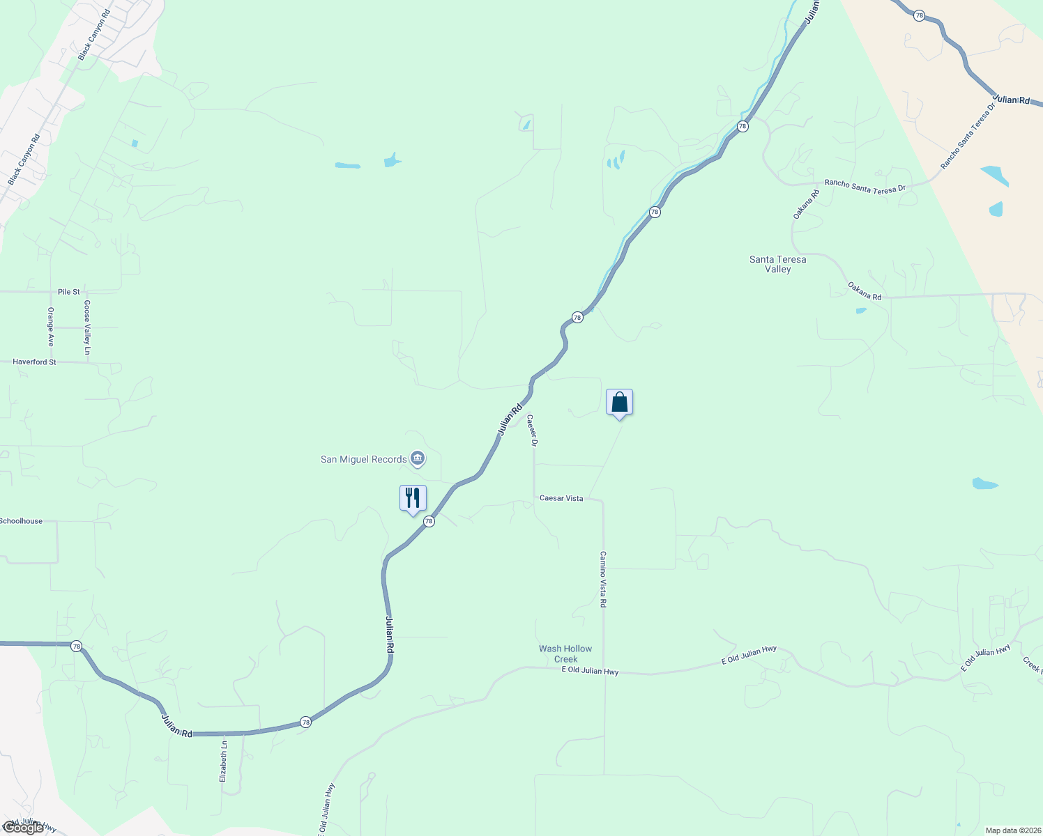 map of restaurants, bars, coffee shops, grocery stores, and more near 19075 Caesar Drive in Ramona