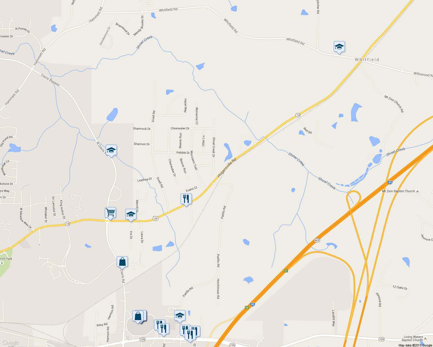 map of restaurants, bars, coffee shops, grocery stores, and more near 104 Shoal Creek Drive in LaGrange