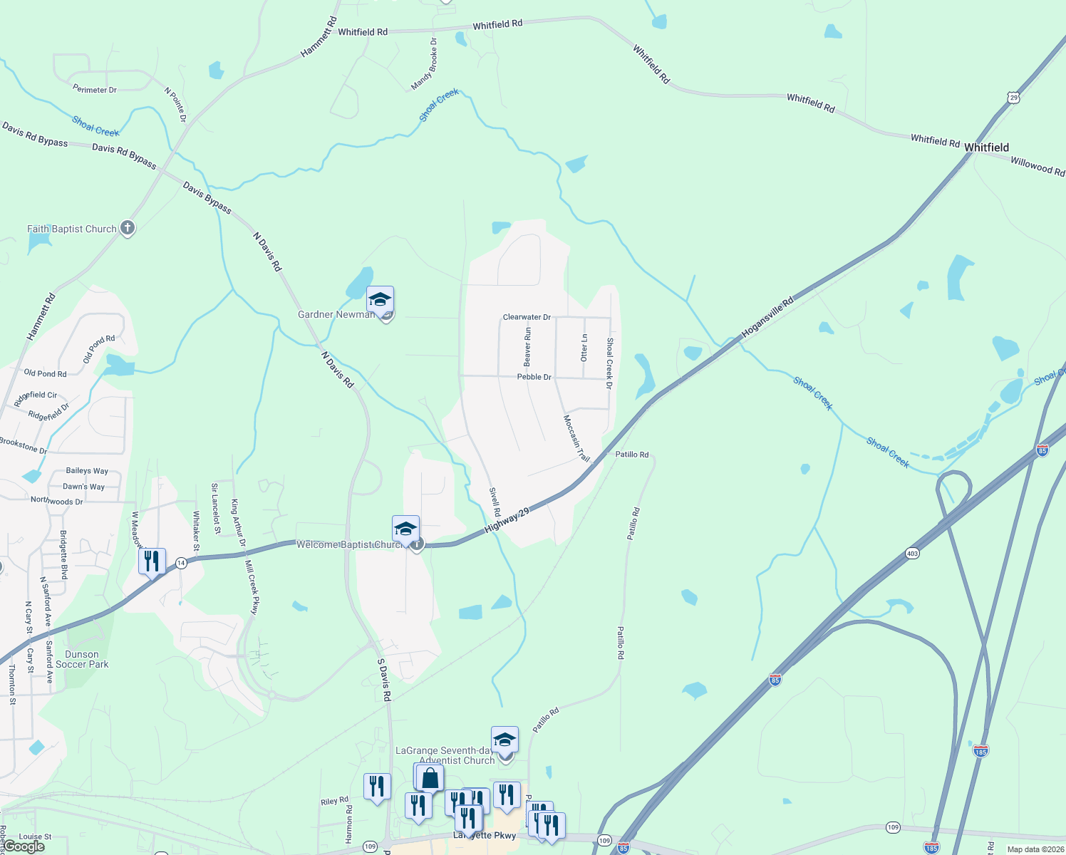 map of restaurants, bars, coffee shops, grocery stores, and more near 87 Beaver Run in LaGrange
