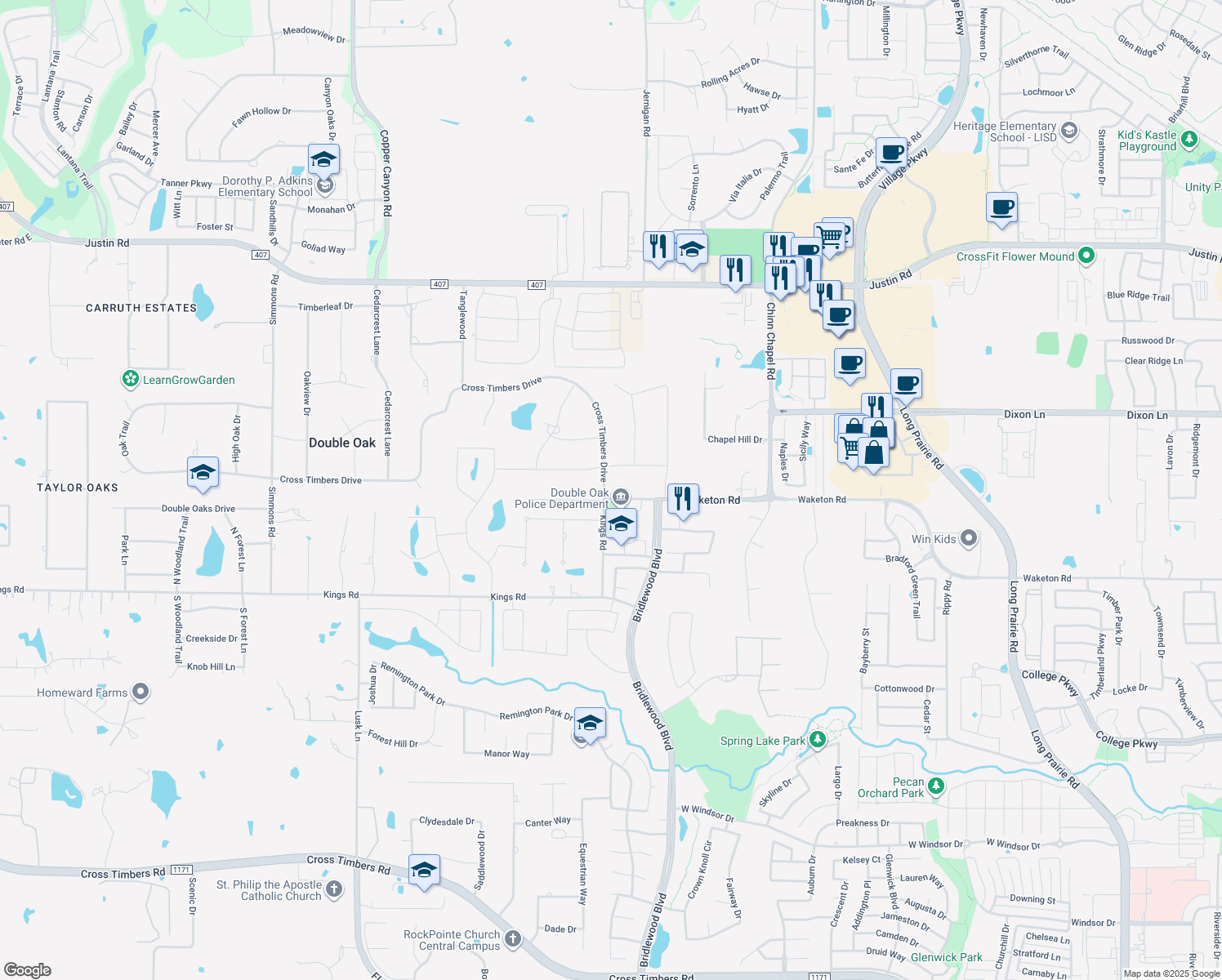 map of restaurants, bars, coffee shops, grocery stores, and more near 301 Waketon Rd in Lewisville