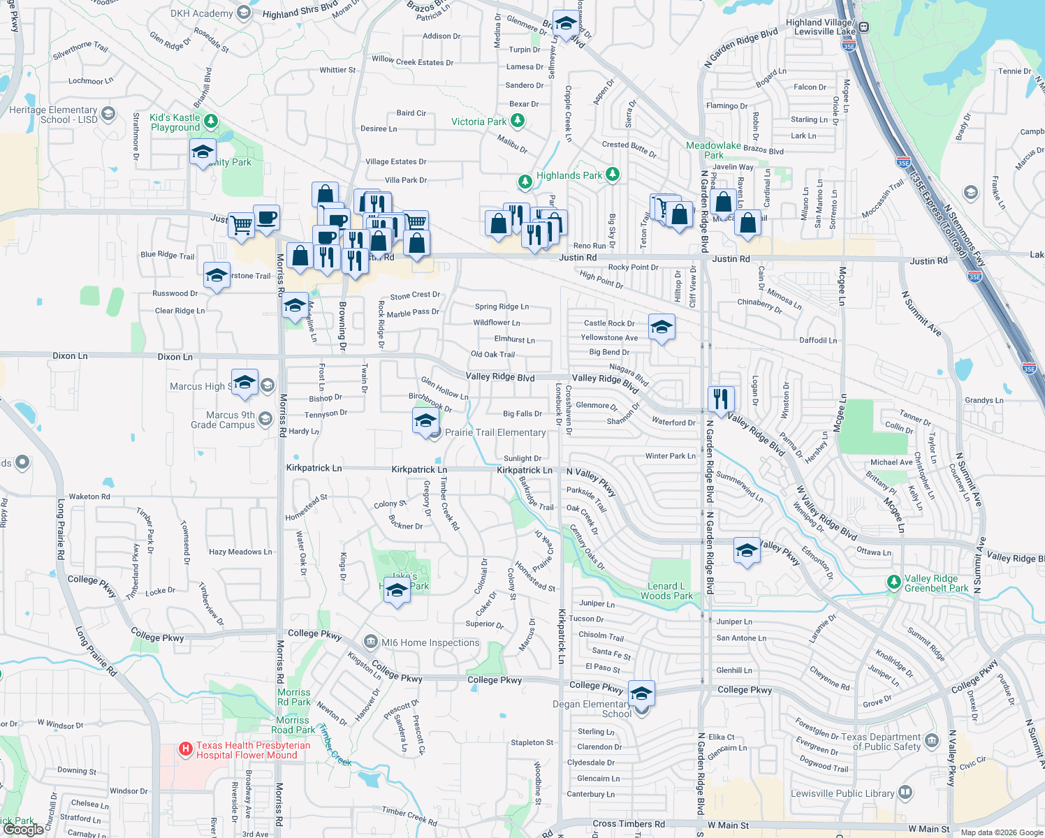 map of restaurants, bars, coffee shops, grocery stores, and more near 1309 Big Falls Dr in Flower Mound