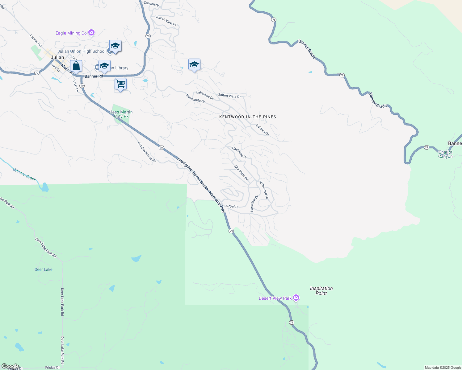 map of restaurants, bars, coffee shops, grocery stores, and more near Highland Drive in Julian