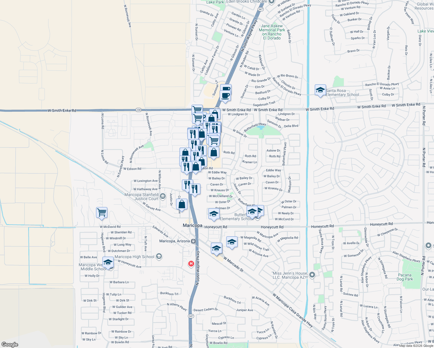 map of restaurants, bars, coffee shops, grocery stores, and more near 44337 Eddie Drive in Maricopa