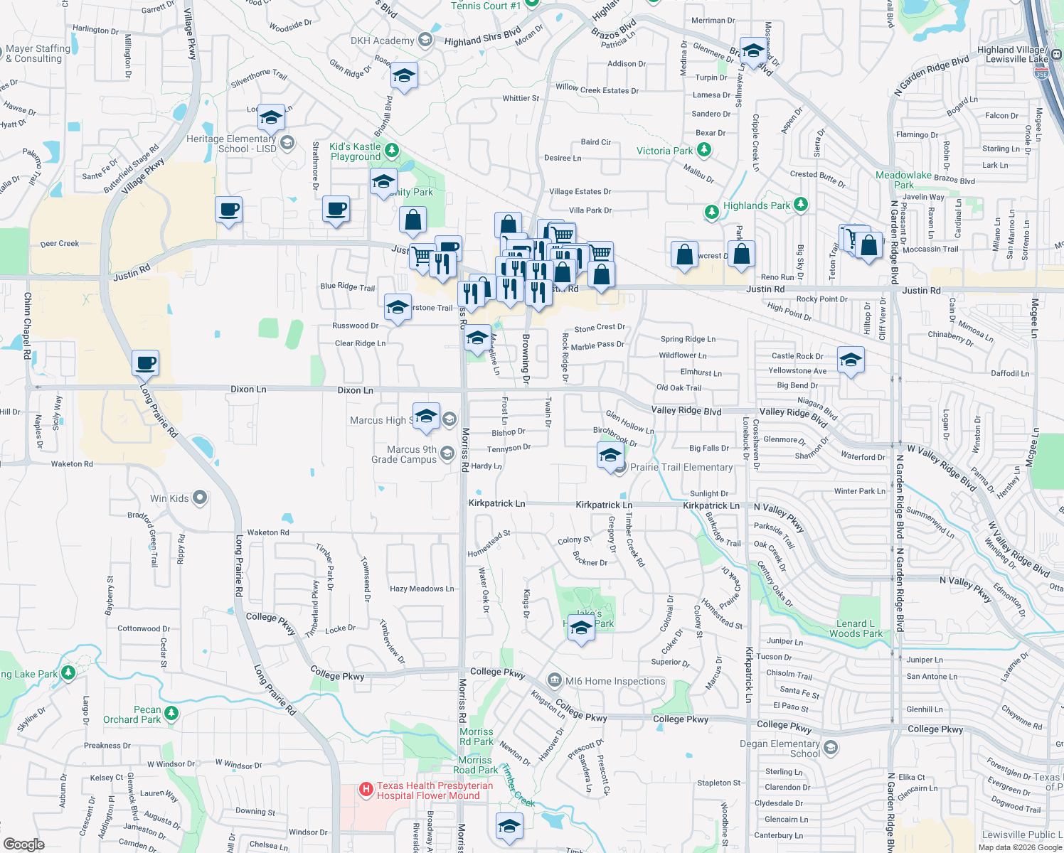 map of restaurants, bars, coffee shops, grocery stores, and more near 1912 Bishop Drive in Flower Mound