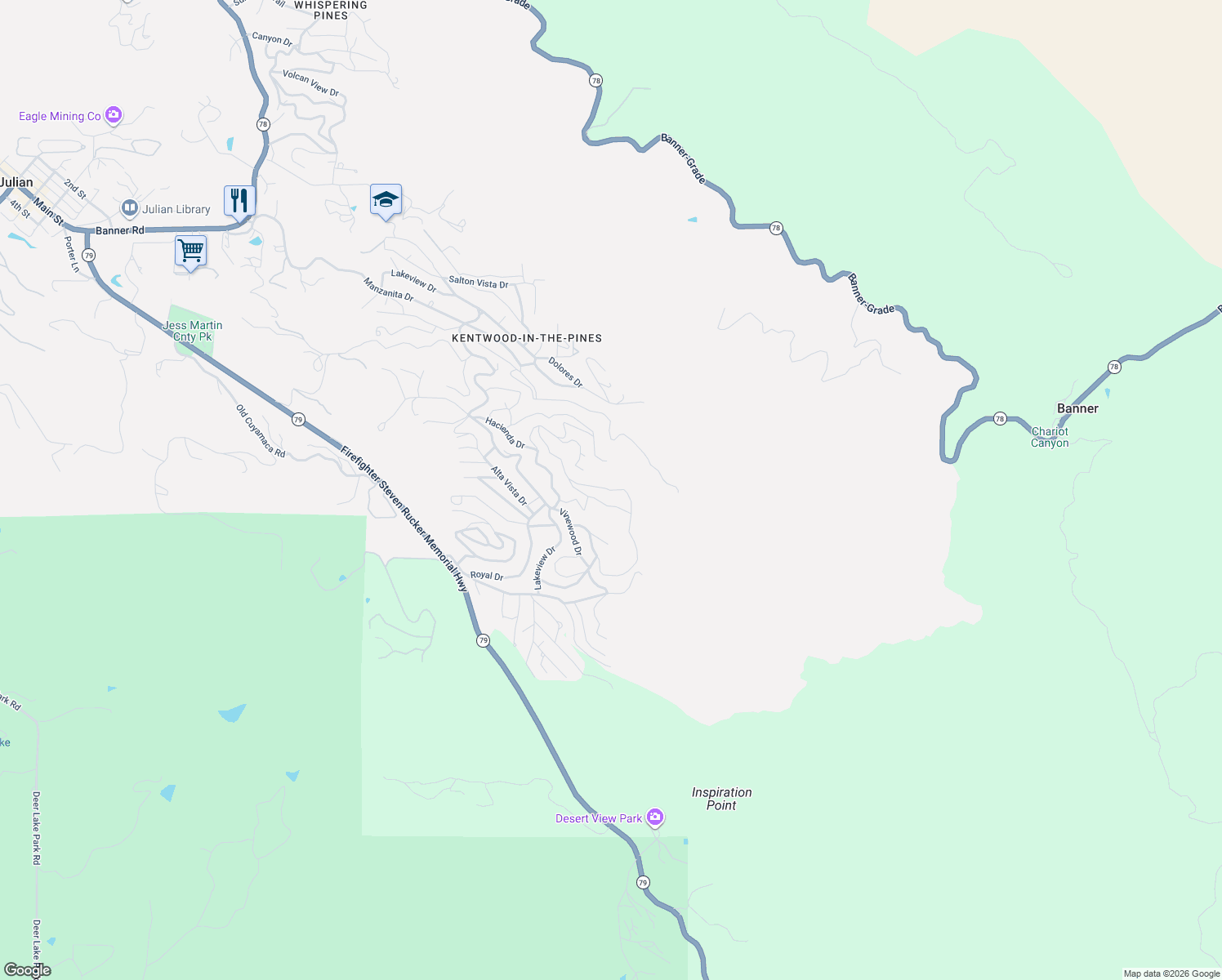 map of restaurants, bars, coffee shops, grocery stores, and more near Manzanita Drive in Julian