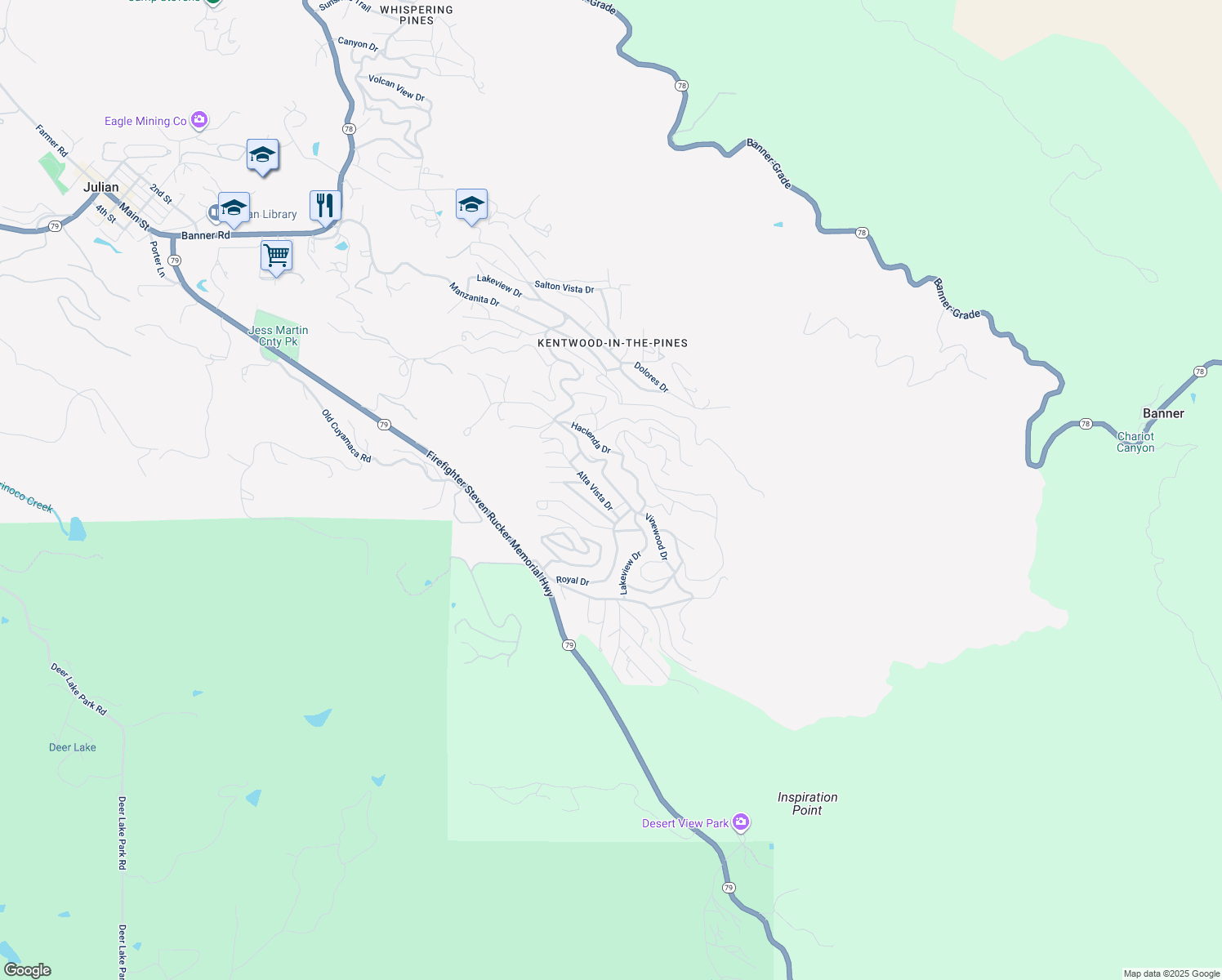 map of restaurants, bars, coffee shops, grocery stores, and more near 3462 Lakeview Drive in Julian