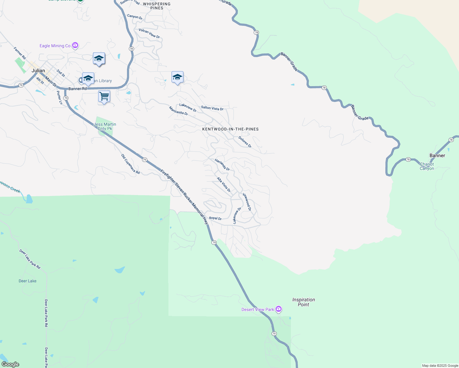 map of restaurants, bars, coffee shops, grocery stores, and more near 3462 Lakeview Drive in Julian