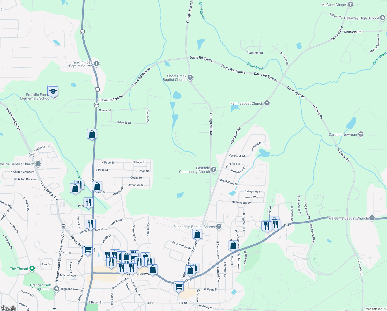 map of restaurants, bars, coffee shops, grocery stores, and more near 114 Celebration Boulevard in LaGrange