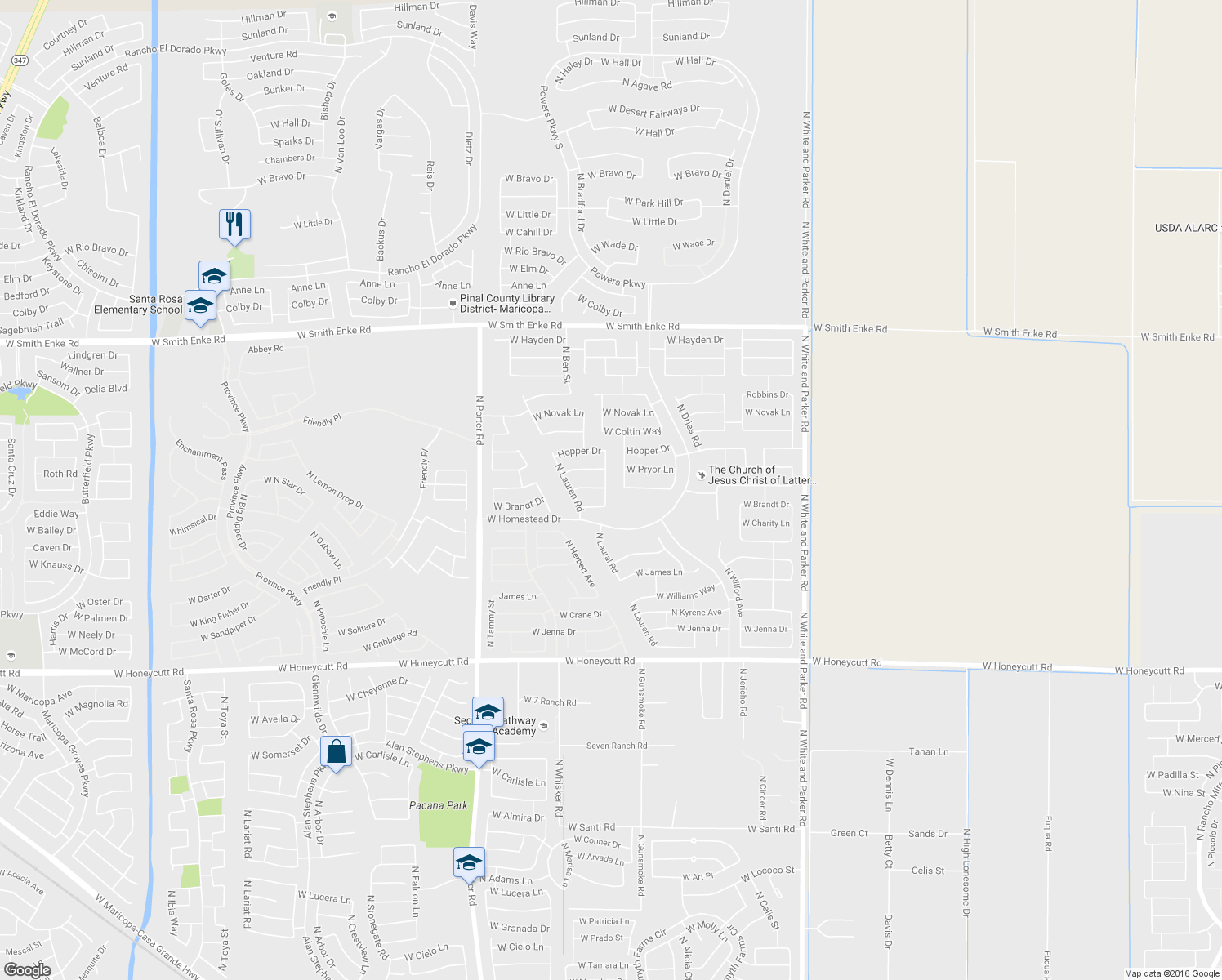 map of restaurants, bars, coffee shops, grocery stores, and more near 20477 Madeline Street in Maricopa